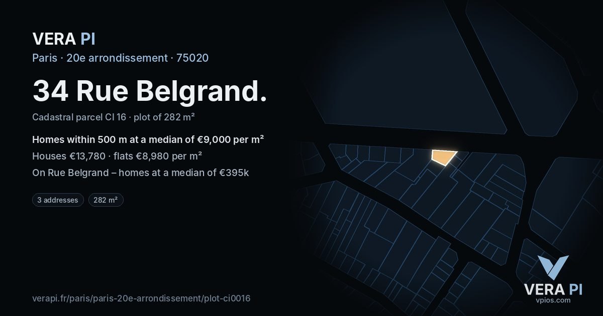 34 Rue Belgrand, 20e arrondissement at night – the plot lit, the parcels around coloured by the prices near them