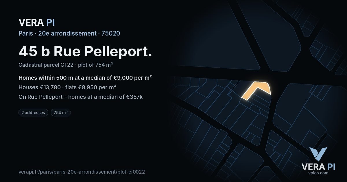 45 b Rue Pelleport, 20e arrondissement at night – the plot lit, the parcels around coloured by the prices near them