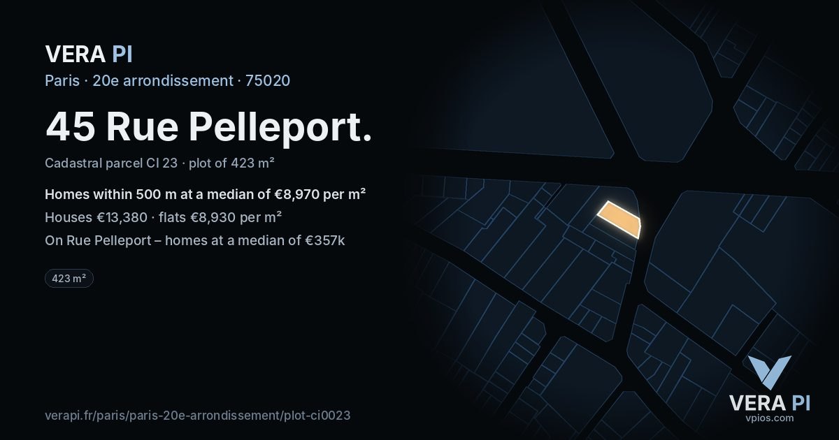 45 Rue Pelleport, 20e arrondissement at night – the plot lit, the parcels around coloured by the prices near them