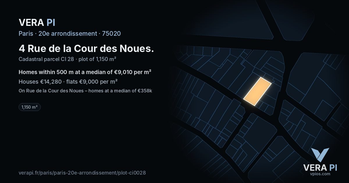 4 Rue de la Cour des Noues, 20e arrondissement at night – the plot lit, the parcels around coloured by the prices near them