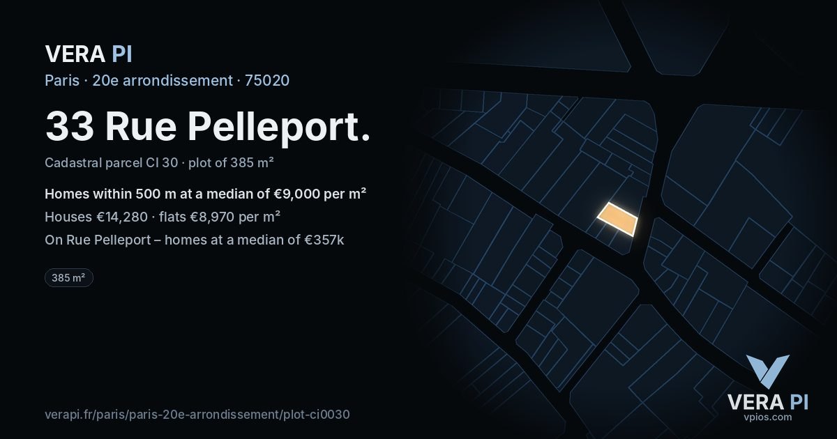 33 Rue Pelleport, 20e arrondissement at night – the plot lit, the parcels around coloured by the prices near them
