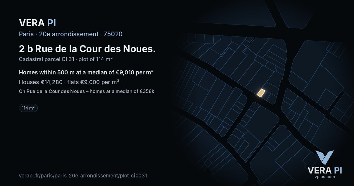 2 b Rue de la Cour des Noues, 20e arrondissement at night – the plot lit, the parcels around coloured by the prices near them