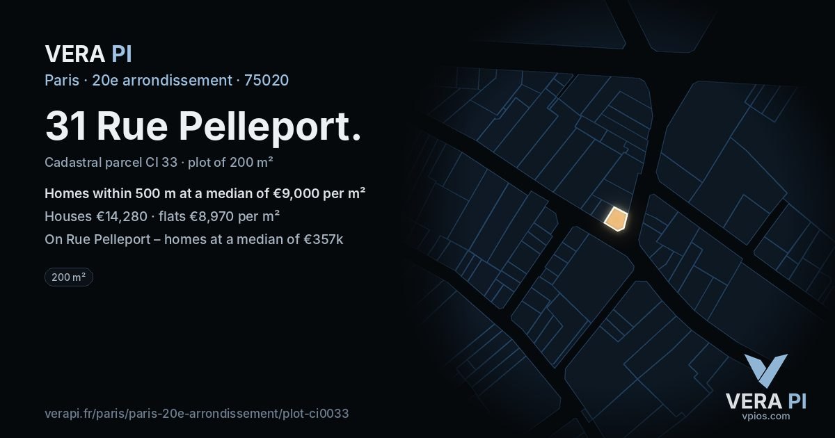31 Rue Pelleport, 20e arrondissement at night – the plot lit, the parcels around coloured by the prices near them