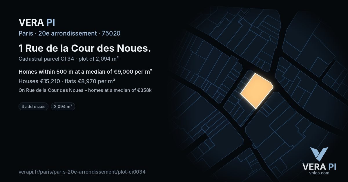 1 Rue de la Cour des Noues, 20e arrondissement at night – the plot lit, the parcels around coloured by the prices near them