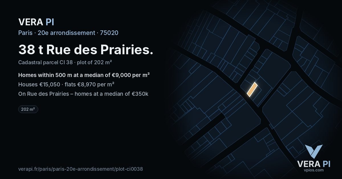 38 t Rue des Prairies, 20e arrondissement at night – the plot lit, the parcels around coloured by the prices near them