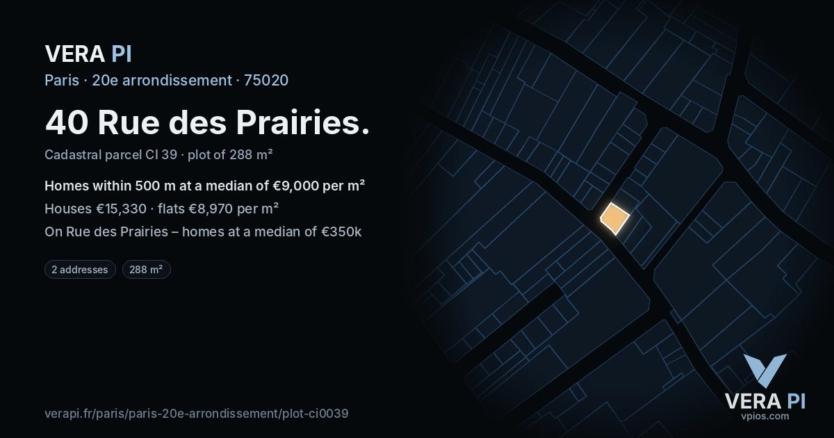 40 Rue des Prairies, 20e arrondissement at night – the plot lit, the parcels around coloured by the prices near them