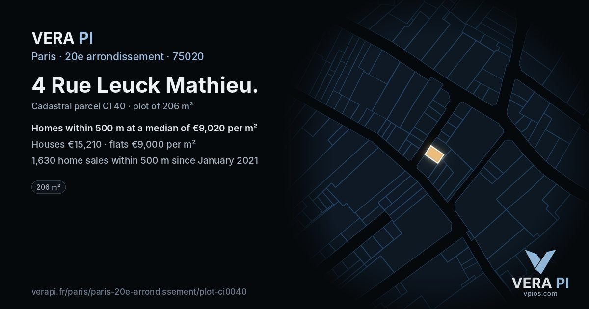 4 Rue Leuck Mathieu, 20e arrondissement at night – the plot lit, the parcels around coloured by the prices near them