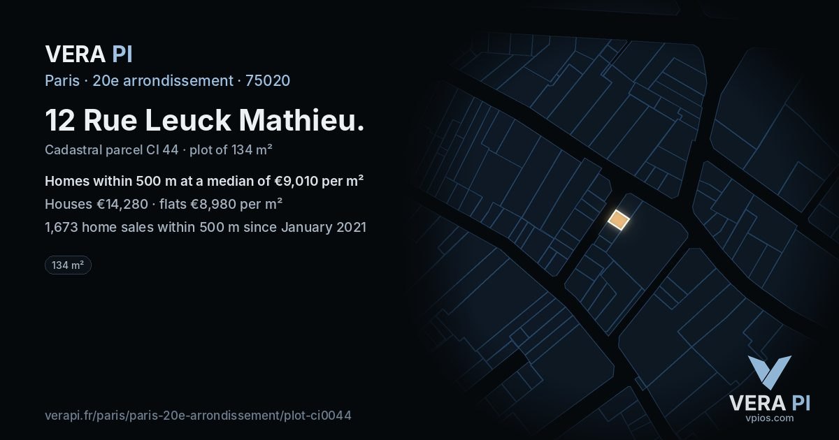 12 Rue Leuck Mathieu, 20e arrondissement at night – the plot lit, the parcels around coloured by the prices near them