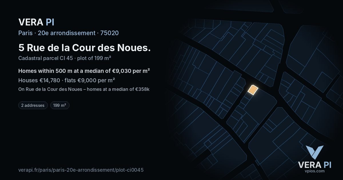 5 Rue de la Cour des Noues, 20e arrondissement at night – the plot lit, the parcels around coloured by the prices near them