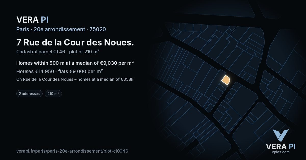 7 Rue de la Cour des Noues, 20e arrondissement at night – the plot lit, the parcels around coloured by the prices near them