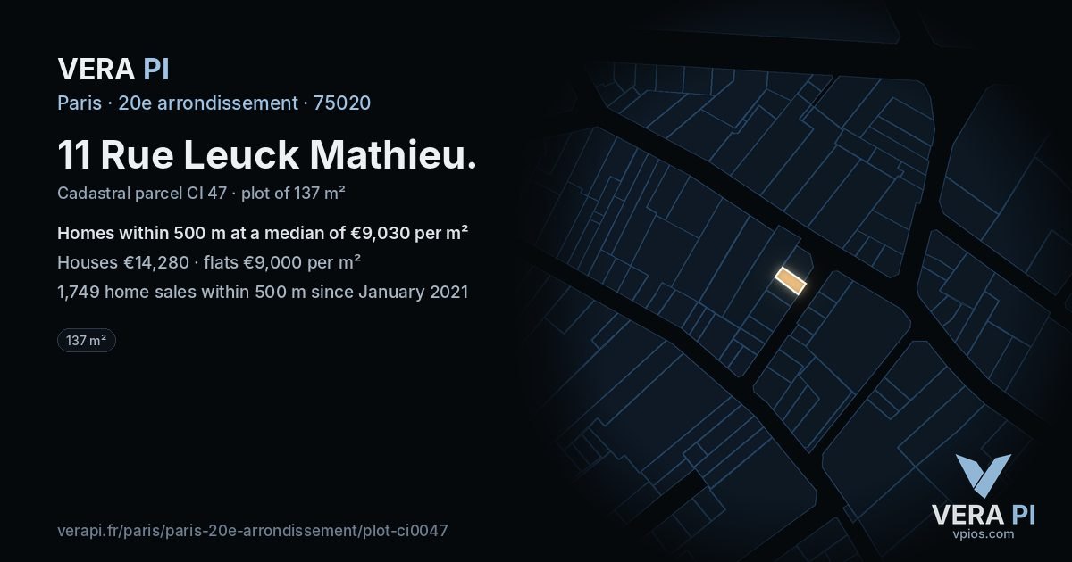 11 Rue Leuck Mathieu, 20e arrondissement at night – the plot lit, the parcels around coloured by the prices near them
