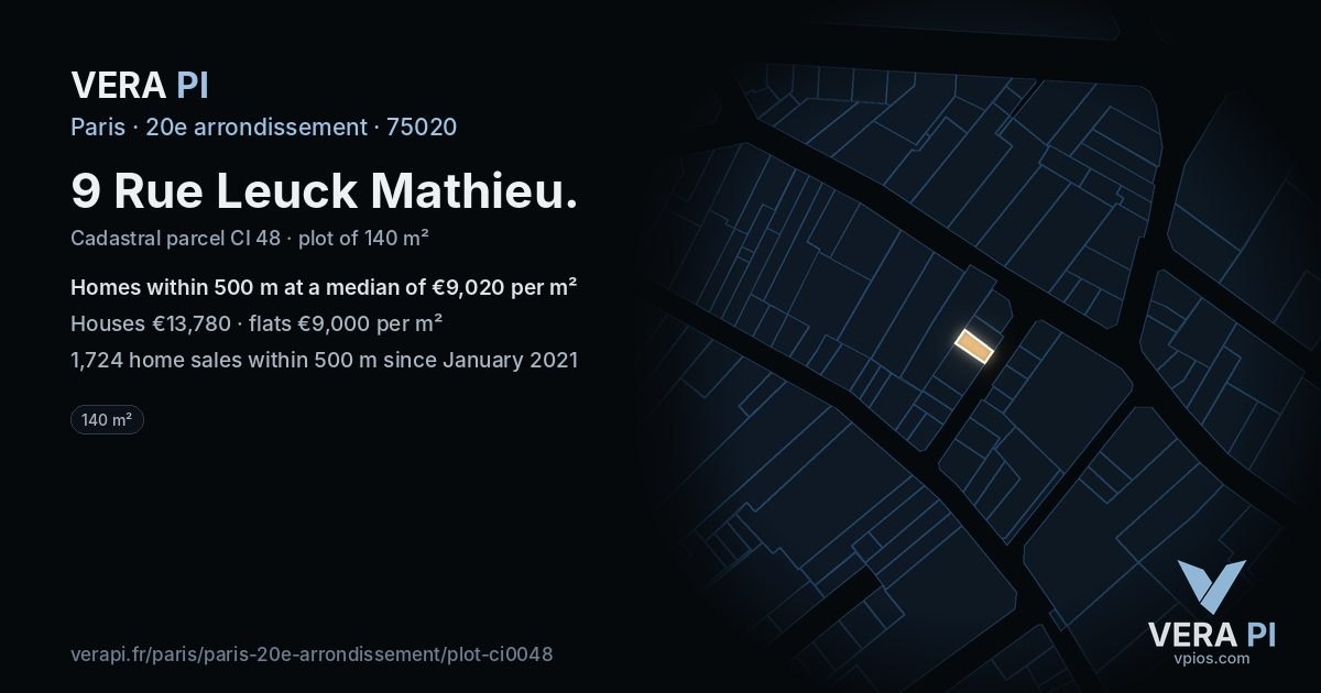 9 Rue Leuck Mathieu, 20e arrondissement at night – the plot lit, the parcels around coloured by the prices near them