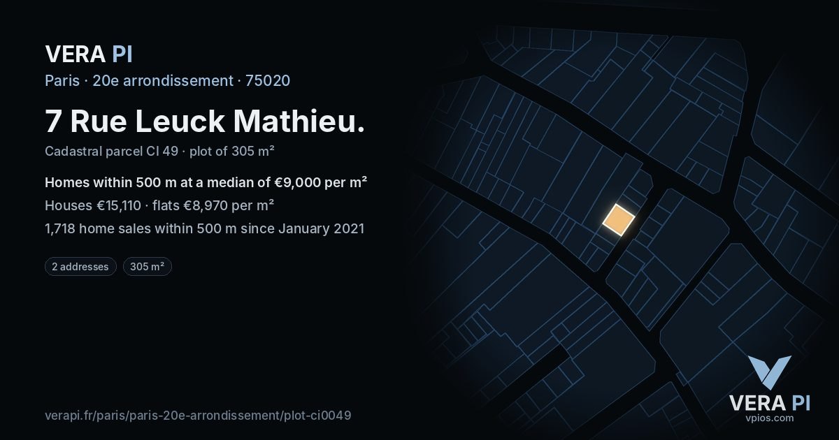 7 Rue Leuck Mathieu, 20e arrondissement at night – the plot lit, the parcels around coloured by the prices near them