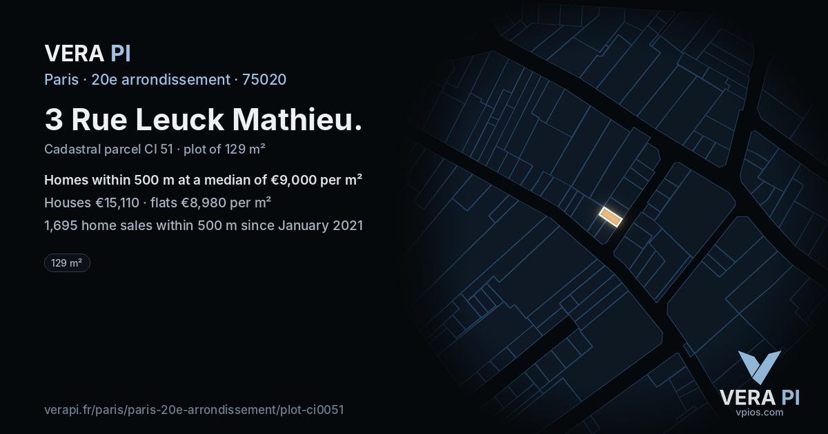3 Rue Leuck Mathieu, 20e arrondissement at night – the plot lit, the parcels around coloured by the prices near them