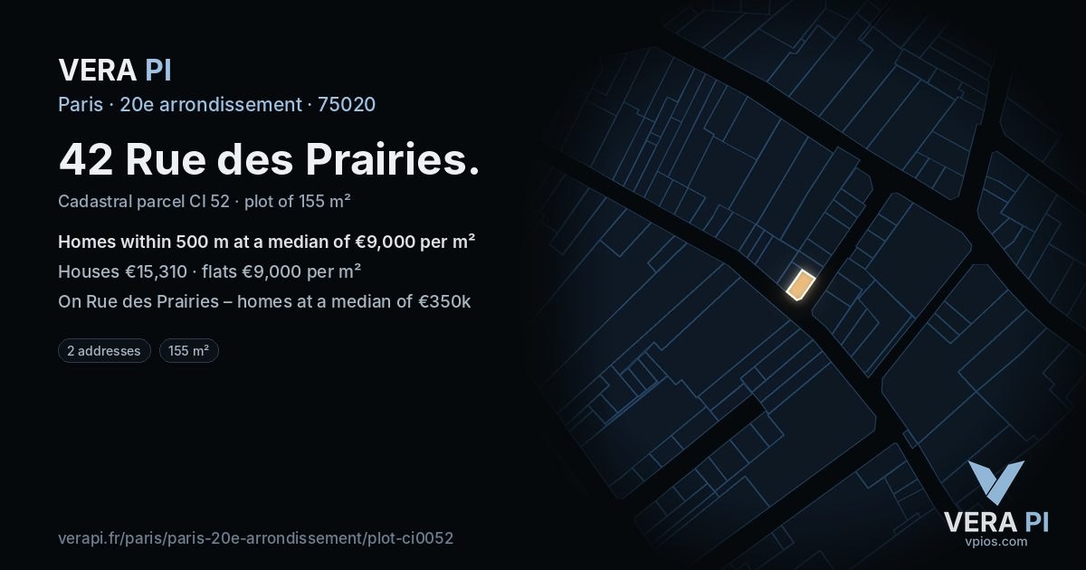 42 Rue des Prairies, 20e arrondissement at night – the plot lit, the parcels around coloured by the prices near them