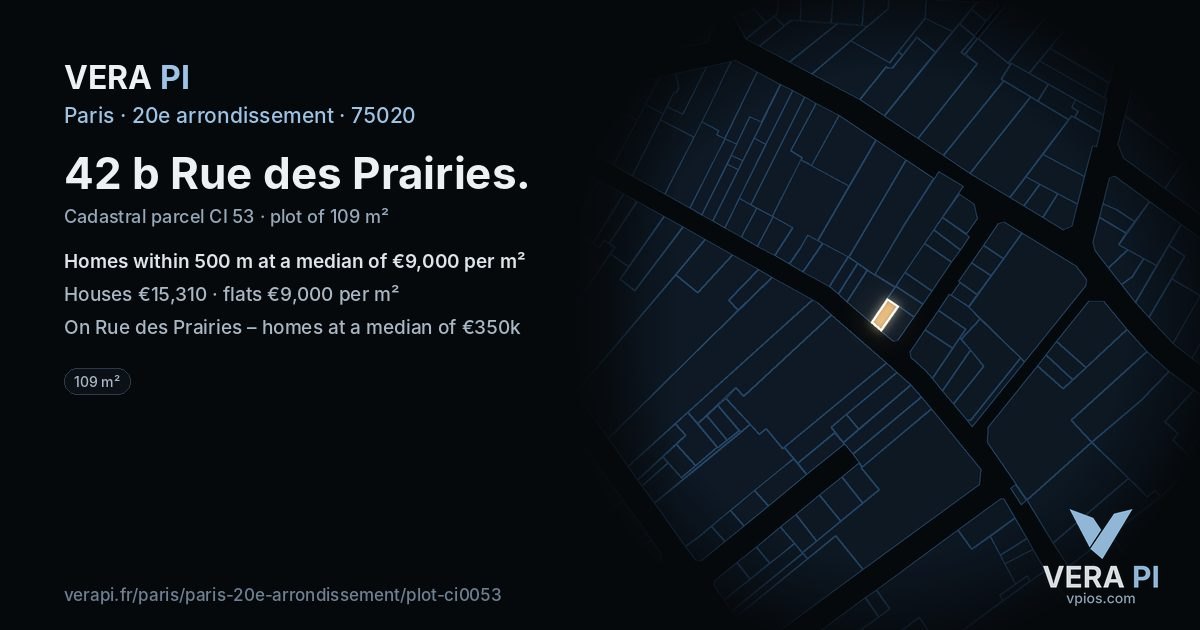 42 b Rue des Prairies, 20e arrondissement at night – the plot lit, the parcels around coloured by the prices near them