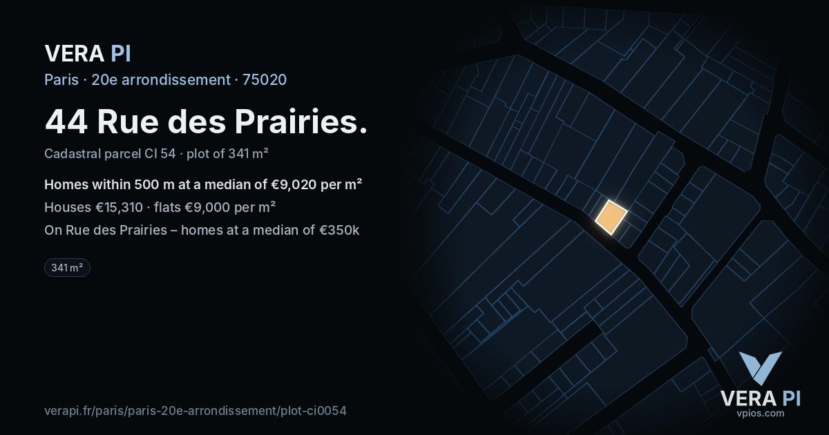 44 Rue des Prairies, 20e arrondissement at night – the plot lit, the parcels around coloured by the prices near them