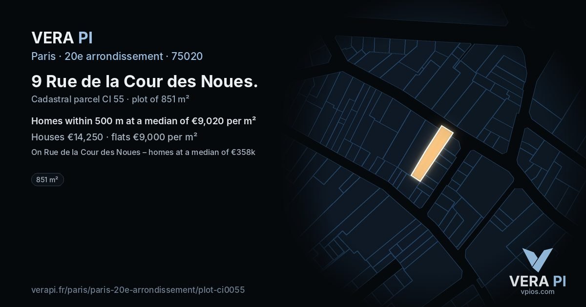 9 Rue de la Cour des Noues, 20e arrondissement at night – the plot lit, the parcels around coloured by the prices near them