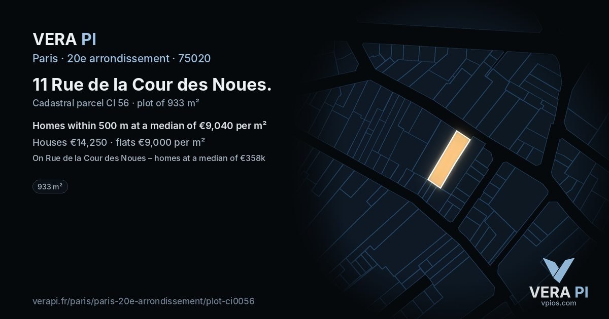 11 Rue de la Cour des Noues, 20e arrondissement at night – the plot lit, the parcels around coloured by the prices near them