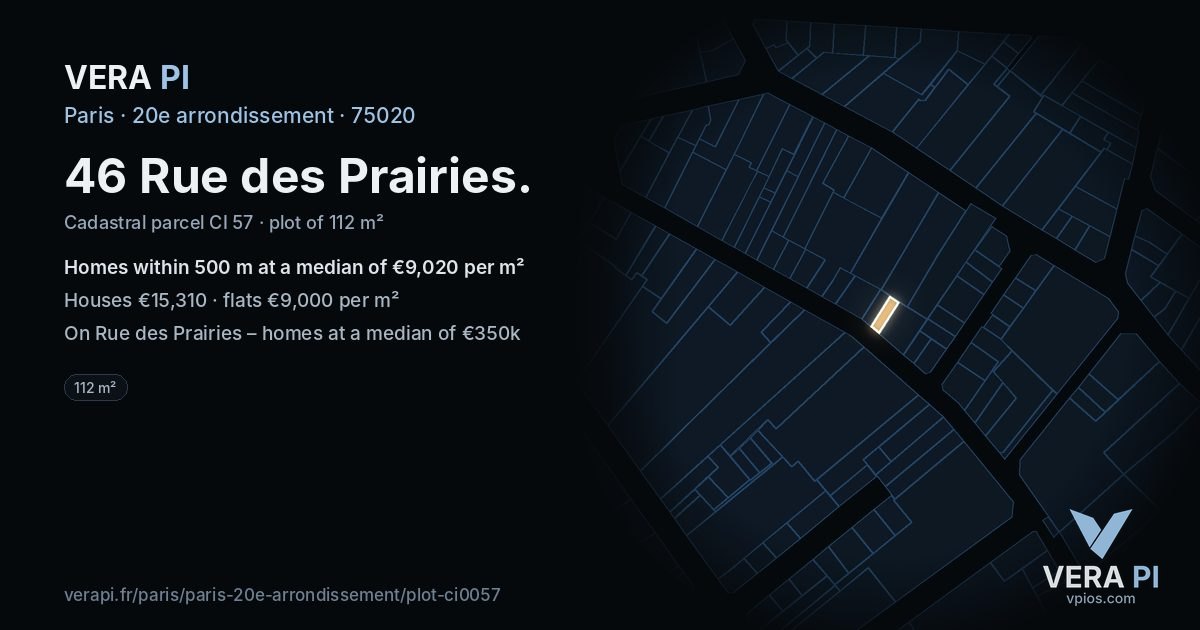 46 Rue des Prairies, 20e arrondissement at night – the plot lit, the parcels around coloured by the prices near them