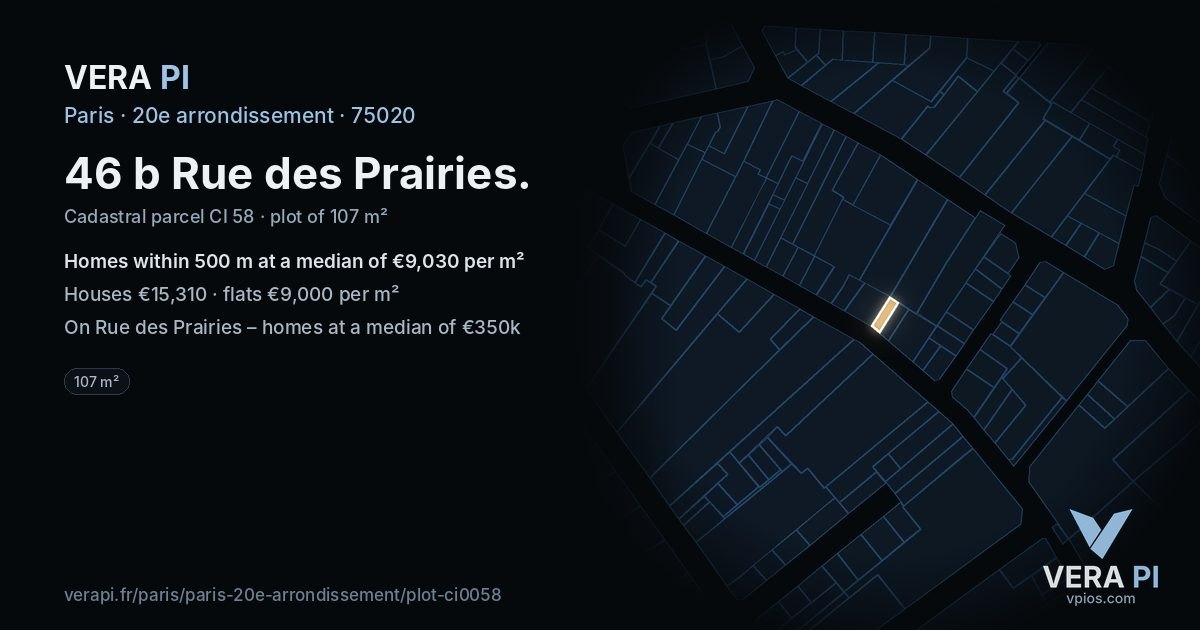 46 b Rue des Prairies, 20e arrondissement at night – the plot lit, the parcels around coloured by the prices near them