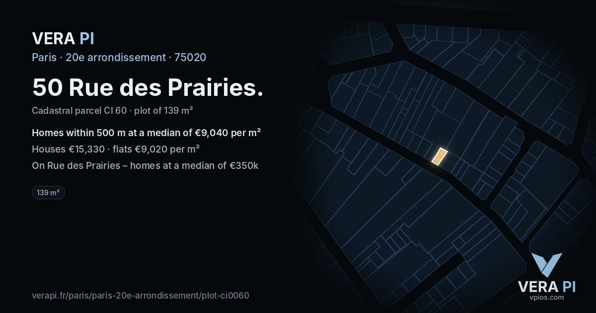 50 Rue des Prairies, 20e arrondissement at night – the plot lit, the parcels around coloured by the prices near them
