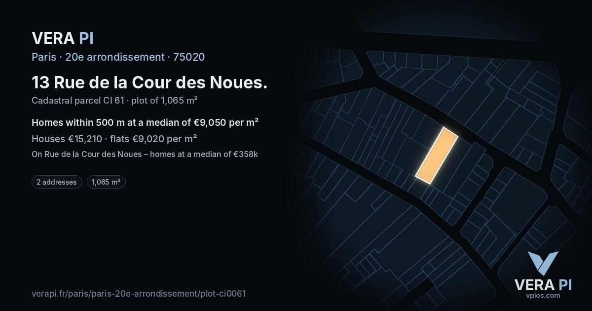 13 Rue de la Cour des Noues, 20e arrondissement at night – the plot lit, the parcels around coloured by the prices near them