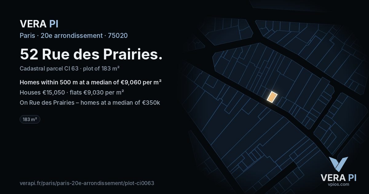 52 Rue des Prairies, 20e arrondissement at night – the plot lit, the parcels around coloured by the prices near them
