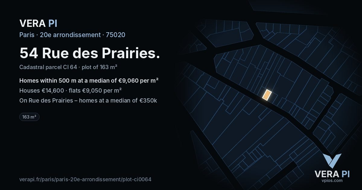 54 Rue des Prairies, 20e arrondissement at night – the plot lit, the parcels around coloured by the prices near them