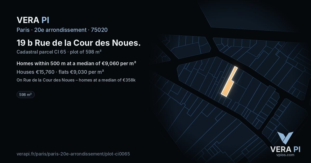 19 b Rue de la Cour des Noues, 20e arrondissement at night – the plot lit, the parcels around coloured by the prices near them
