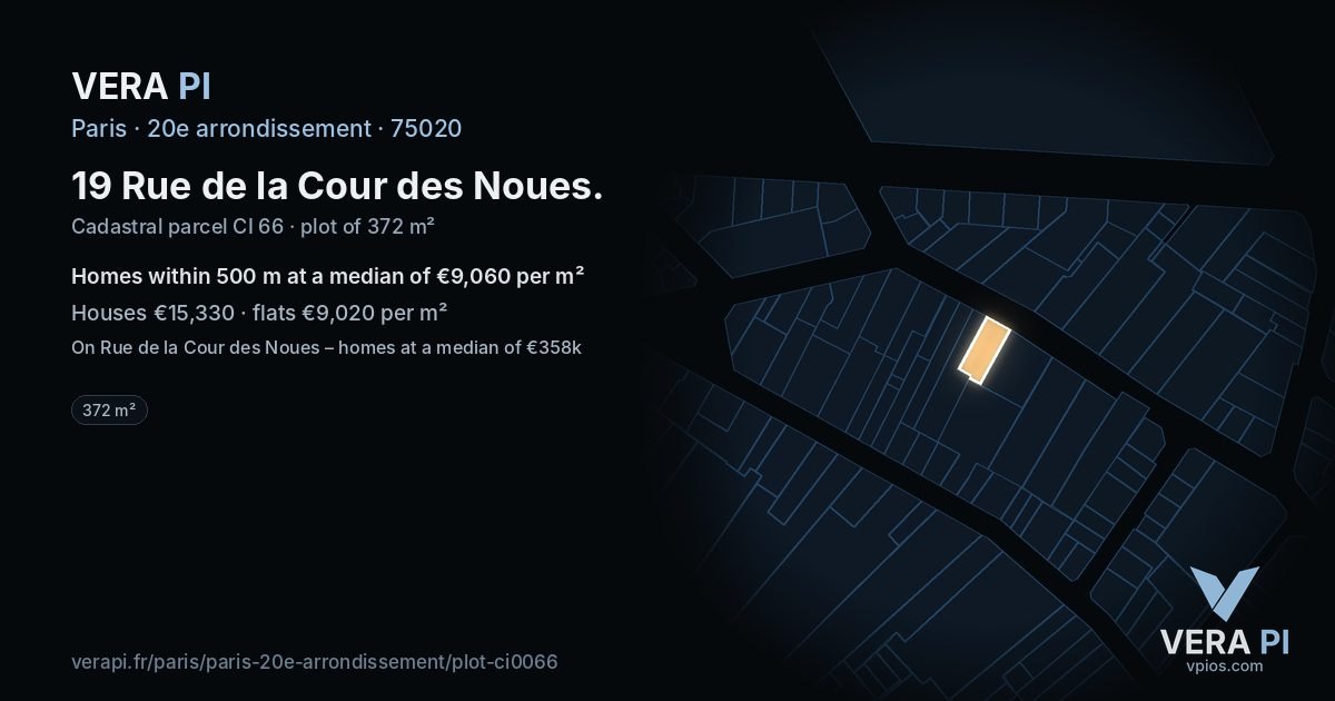 19 Rue de la Cour des Noues, 20e arrondissement at night – the plot lit, the parcels around coloured by the prices near them