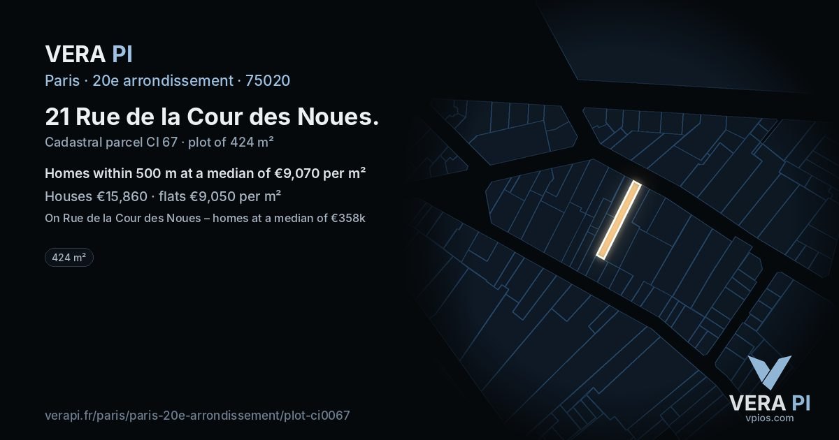 21 Rue de la Cour des Noues, 20e arrondissement at night – the plot lit, the parcels around coloured by the prices near them