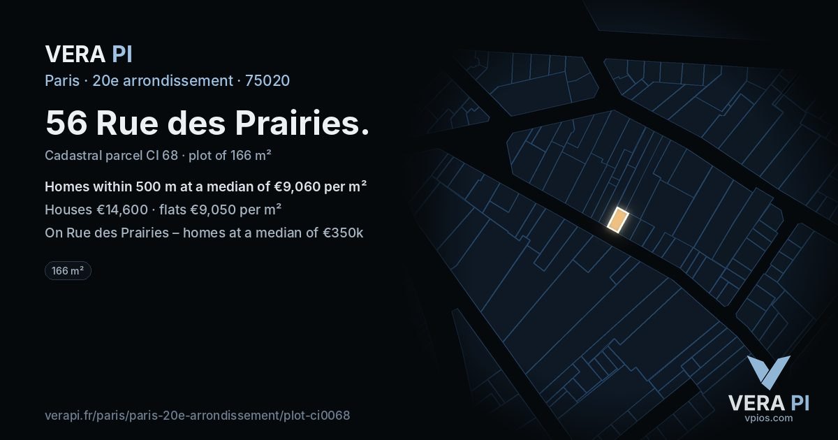 56 Rue des Prairies, 20e arrondissement at night – the plot lit, the parcels around coloured by the prices near them
