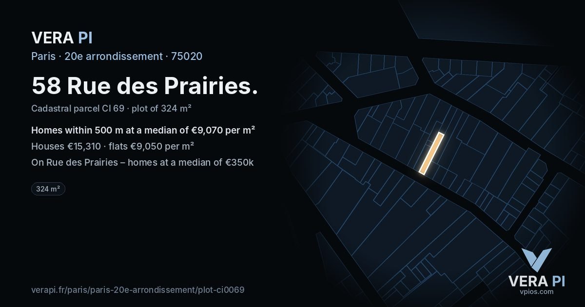 58 Rue des Prairies, 20e arrondissement at night – the plot lit, the parcels around coloured by the prices near them