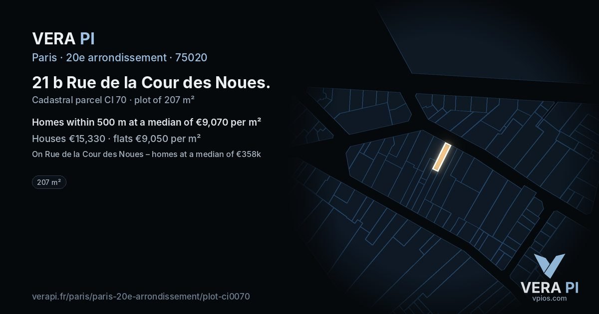 21 b Rue de la Cour des Noues, 20e arrondissement at night – the plot lit, the parcels around coloured by the prices near them