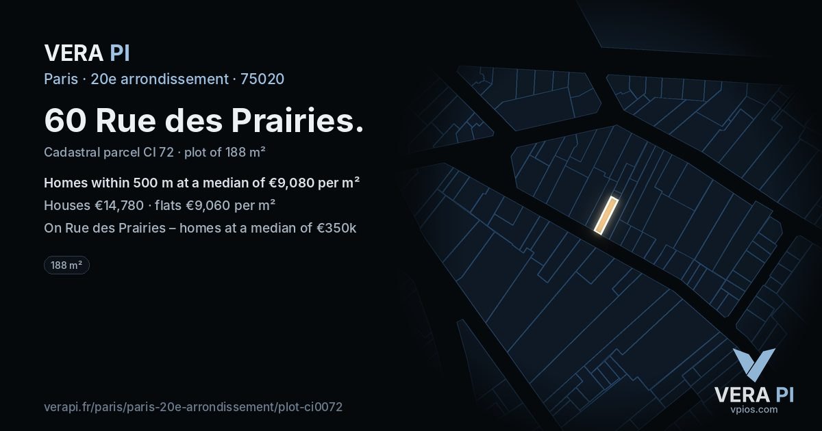 60 Rue des Prairies, 20e arrondissement at night – the plot lit, the parcels around coloured by the prices near them