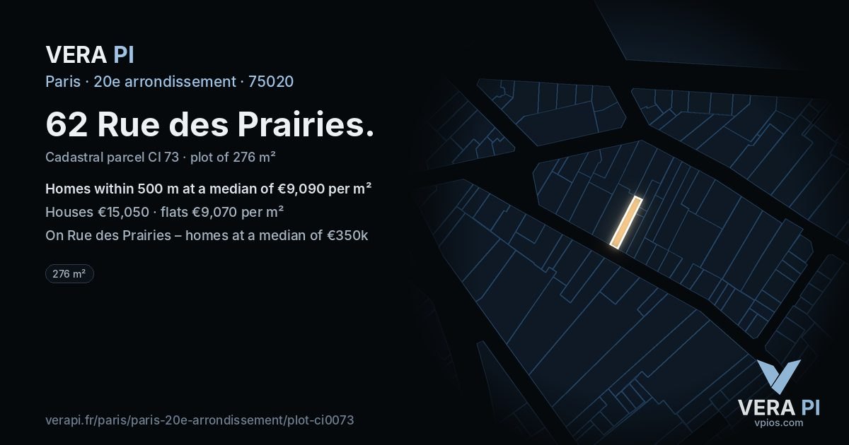 62 Rue des Prairies, 20e arrondissement at night – the plot lit, the parcels around coloured by the prices near them