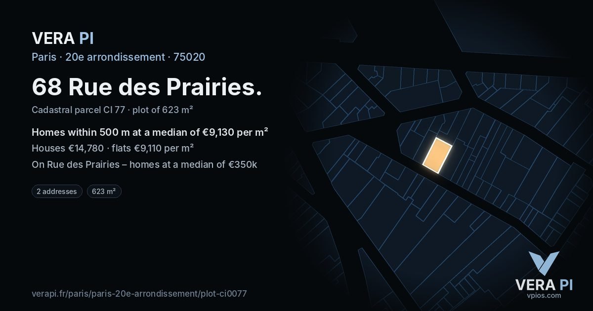 68 Rue des Prairies, 20e arrondissement at night – the plot lit, the parcels around coloured by the prices near them