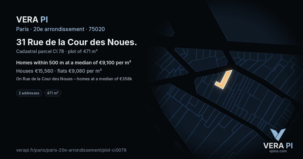 31 Rue de la Cour des Noues, 20e arrondissement at night – the plot lit, the parcels around coloured by the prices near them