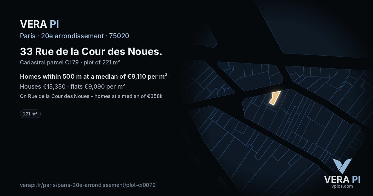 33 Rue de la Cour des Noues, 20e arrondissement at night – the plot lit, the parcels around coloured by the prices near them