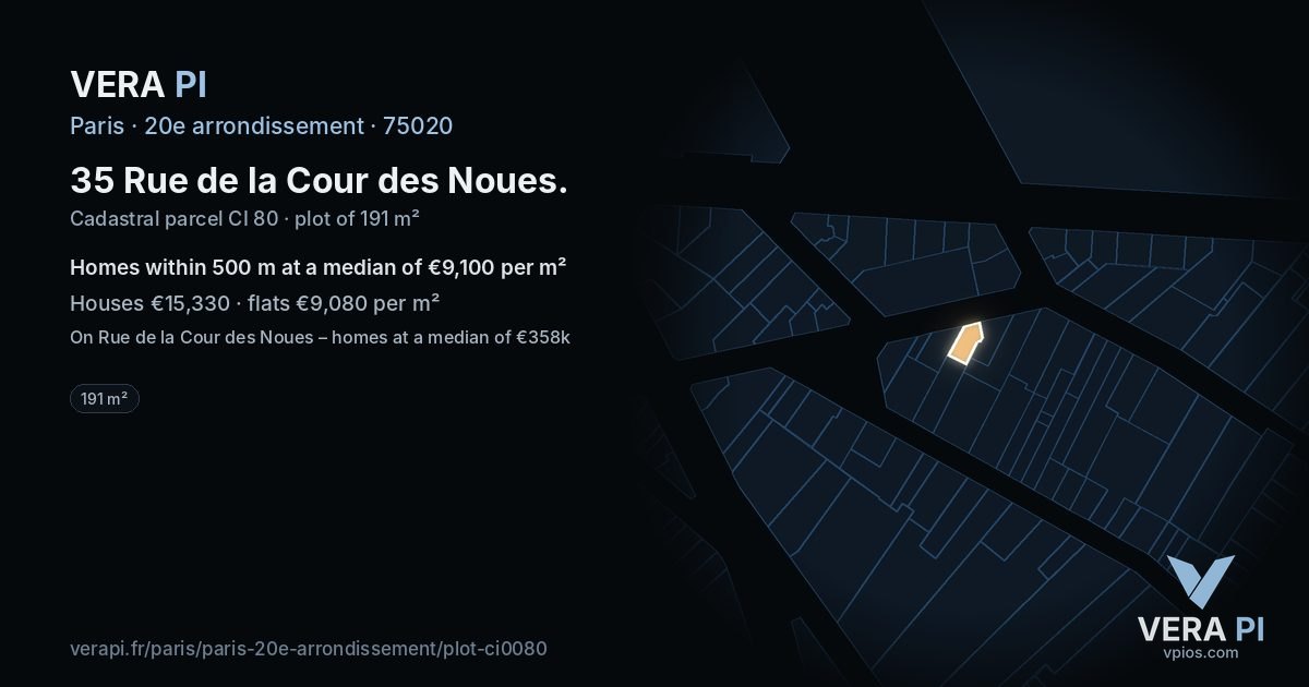 35 Rue de la Cour des Noues, 20e arrondissement at night – the plot lit, the parcels around coloured by the prices near them