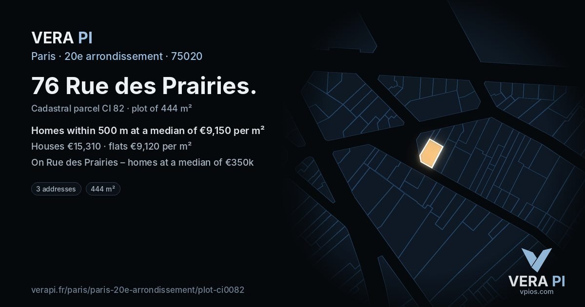 76 Rue des Prairies, 20e arrondissement at night – the plot lit, the parcels around coloured by the prices near them