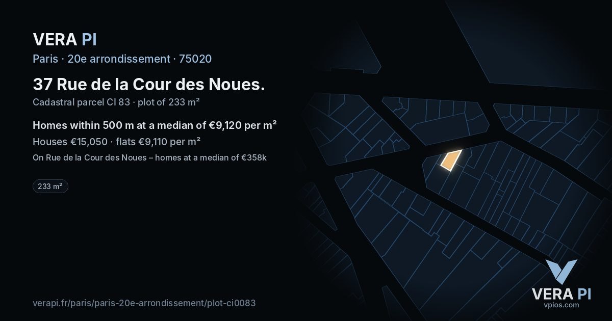 37 Rue de la Cour des Noues, 20e arrondissement at night – the plot lit, the parcels around coloured by the prices near them