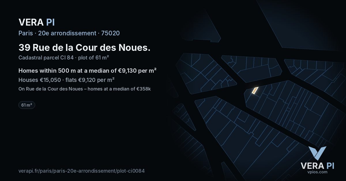 39 Rue de la Cour des Noues, 20e arrondissement at night – the plot lit, the parcels around coloured by the prices near them
