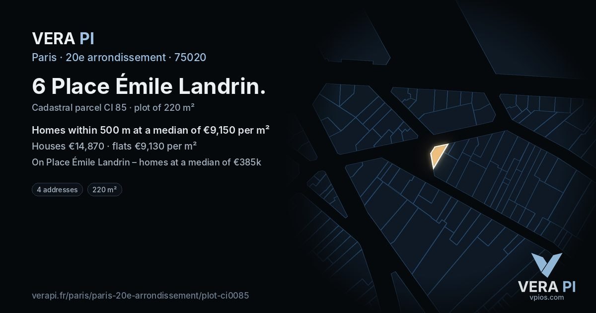 6 Place Émile Landrin, 20e arrondissement at night – the plot lit, the parcels around coloured by the prices near them