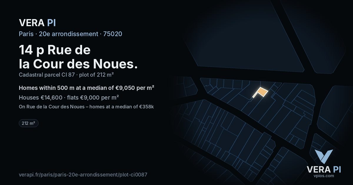 14 p Rue de la Cour des Noues, 20e arrondissement at night – the plot lit, the parcels around coloured by the prices near them