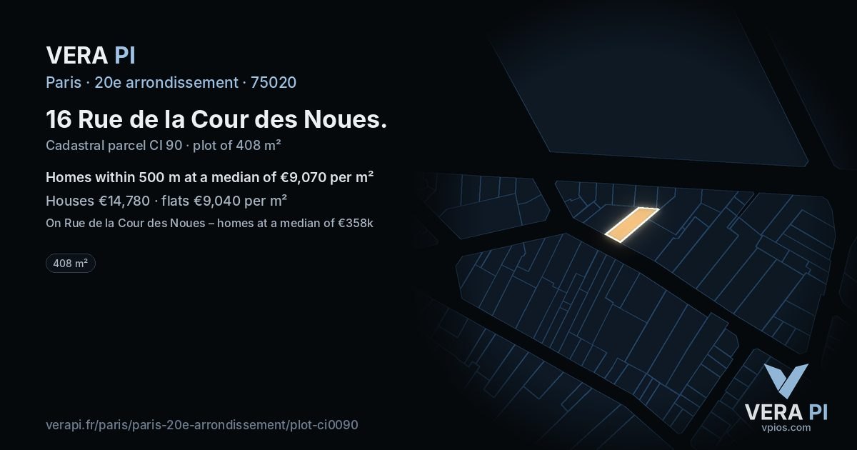 16 Rue de la Cour des Noues, 20e arrondissement at night – the plot lit, the parcels around coloured by the prices near them