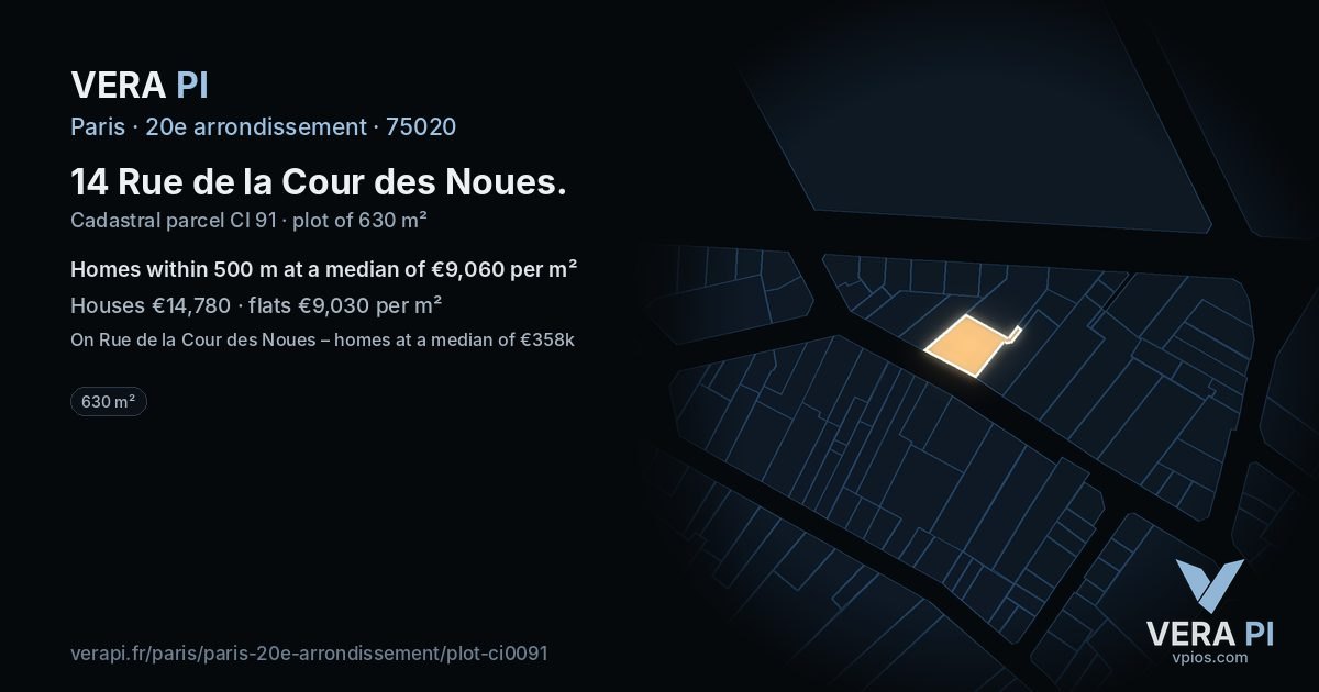 14 Rue de la Cour des Noues, 20e arrondissement at night – the plot lit, the parcels around coloured by the prices near them