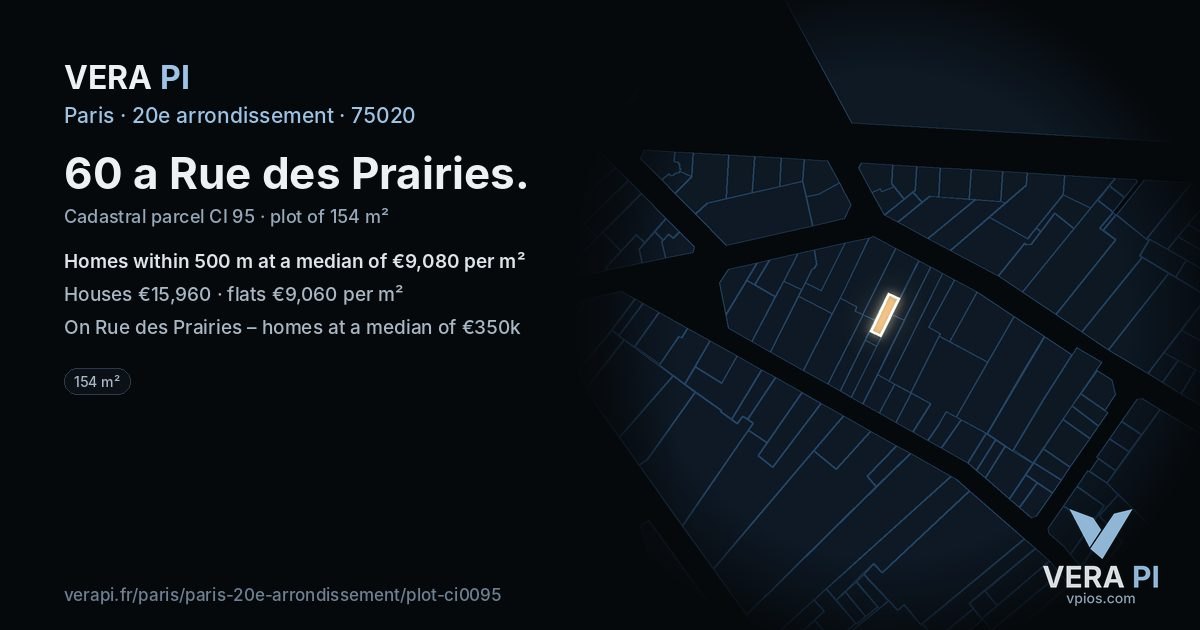60 a Rue des Prairies, 20e arrondissement at night – the plot lit, the parcels around coloured by the prices near them