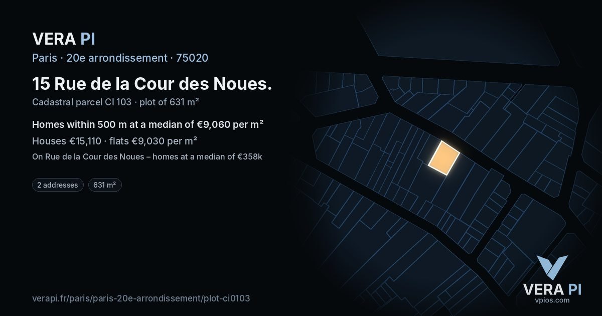 15 Rue de la Cour des Noues, 20e arrondissement at night – the plot lit, the parcels around coloured by the prices near them